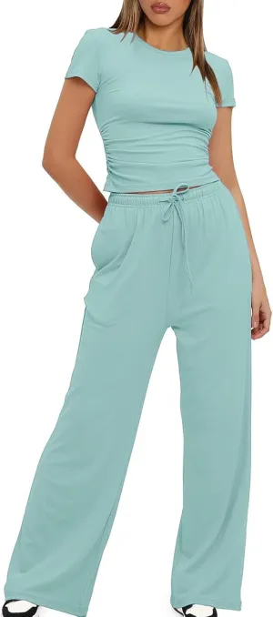 Women's 2 Piece Outfits Lounge Sets Short Sleeve Tops High Waisted Wide Leg Pants Sweatsuits Vacation Travel Outfits