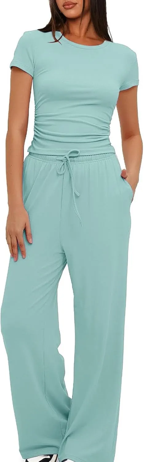 Women's 2 Piece Outfits Lounge Sets Short Sleeve Tops High Waisted Wide Leg Pants Sweatsuits Vacation Travel Outfits