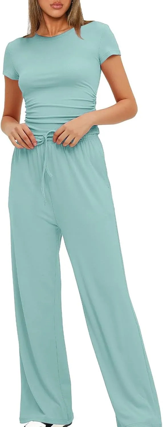Women's 2 Piece Outfits Lounge Sets Short Sleeve Tops High Waisted Wide Leg Pants Sweatsuits Vacation Travel Outfits