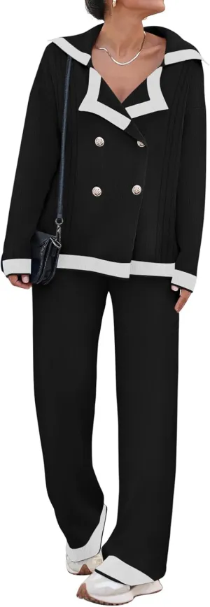 Women's 2 Piece Outfits Set Long Sleeve Notch Lapel Knit Sweater Top Wide Leg Lounge Pants Business Casual Cardigan Sets