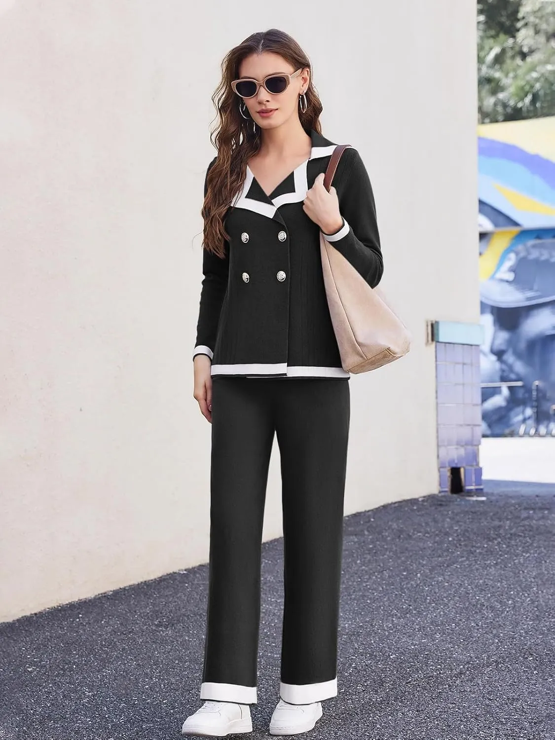 Women's 2 Piece Outfits Set Long Sleeve Notch Lapel Knit Sweater Top Wide Leg Lounge Pants Business Casual Cardigan Sets