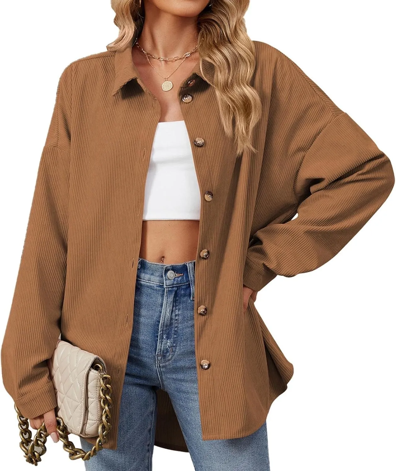 Womens 2024 Lapel Long Sleeve Solid Color Shacket Jacket Button Down Fall Shirt Coat Comfy Cute Jackets Fall Winter