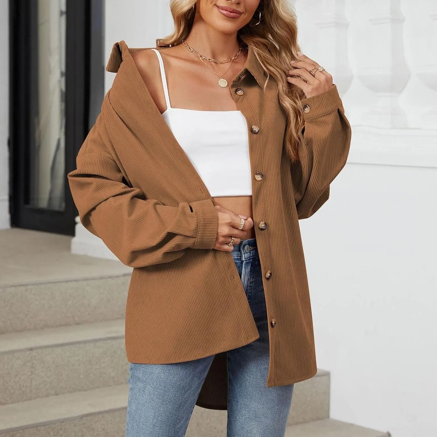 Womens 2024 Lapel Long Sleeve Solid Color Shacket Jacket Button Down Fall Shirt Coat Comfy Cute Jackets Fall Winter