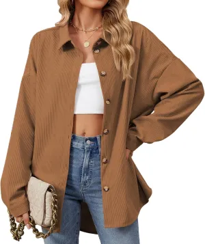 Womens 2024 Lapel Long Sleeve Solid Color Shacket Jacket Button Down Fall Shirt Coat Comfy Cute Jackets Fall Winter