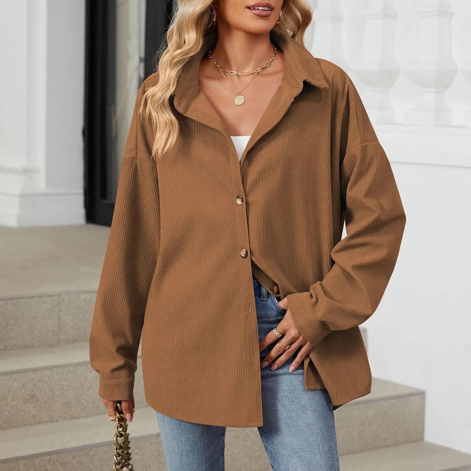 Womens 2024 Lapel Long Sleeve Solid Color Shacket Jacket Button Down Fall Shirt Coat Comfy Cute Jackets Fall Winter