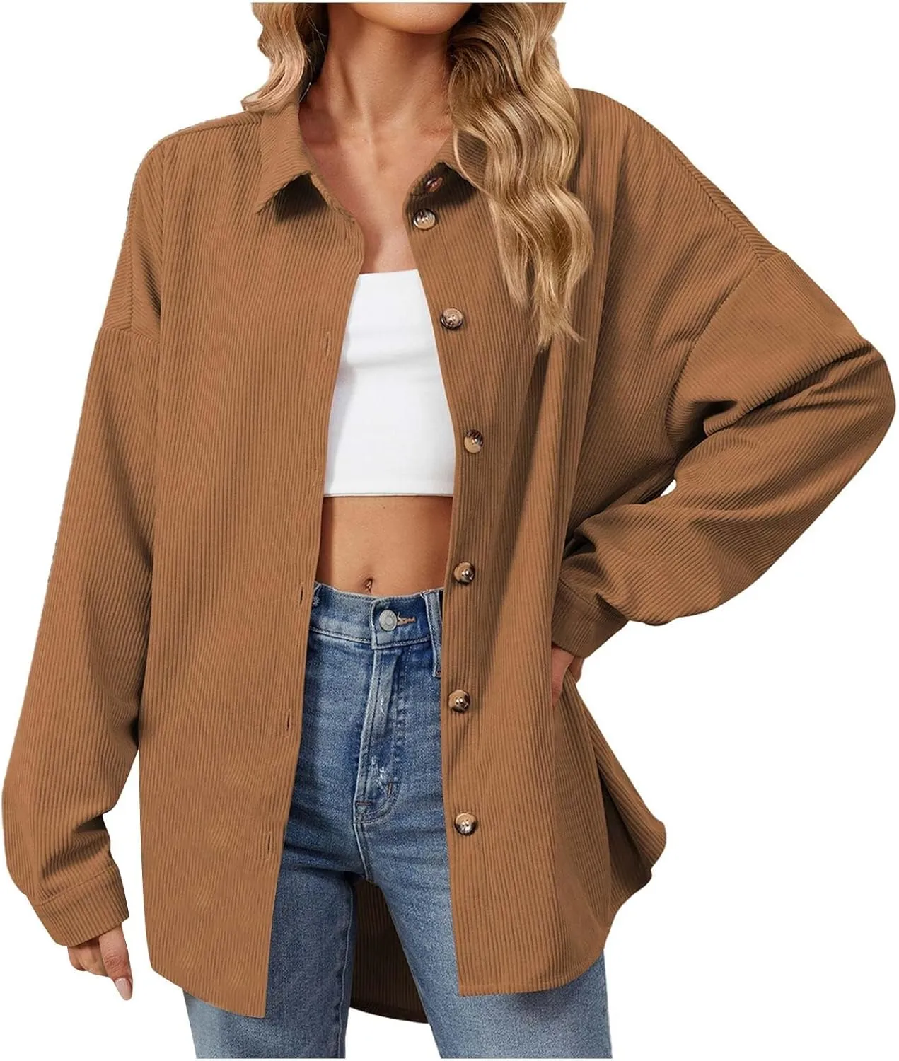 Womens 2024 Lapel Long Sleeve Solid Color Shacket Jacket Button Down Fall Shirt Coat Comfy Cute Jackets Fall Winter