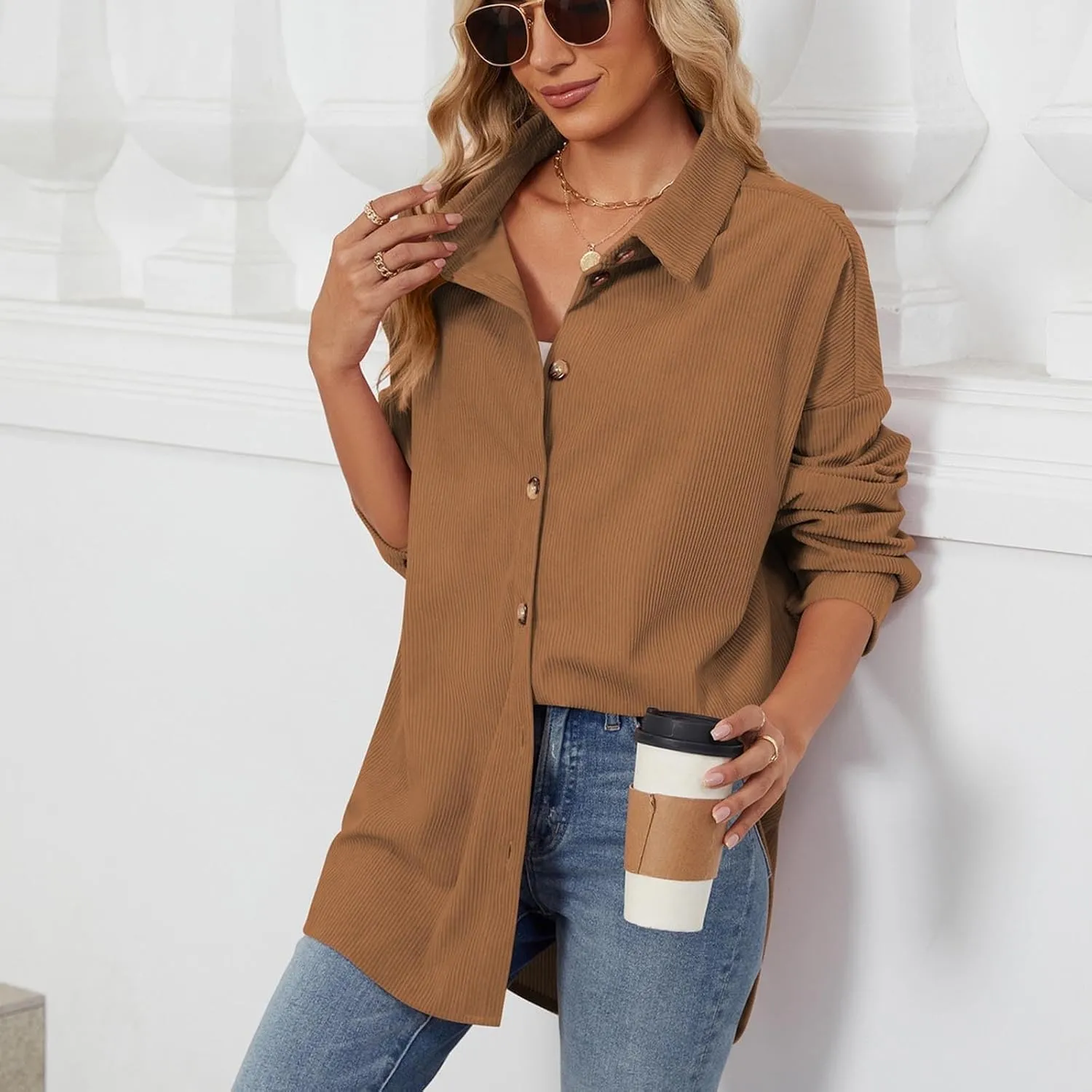 Womens 2024 Lapel Long Sleeve Solid Color Shacket Jacket Button Down Fall Shirt Coat Comfy Cute Jackets Fall Winter