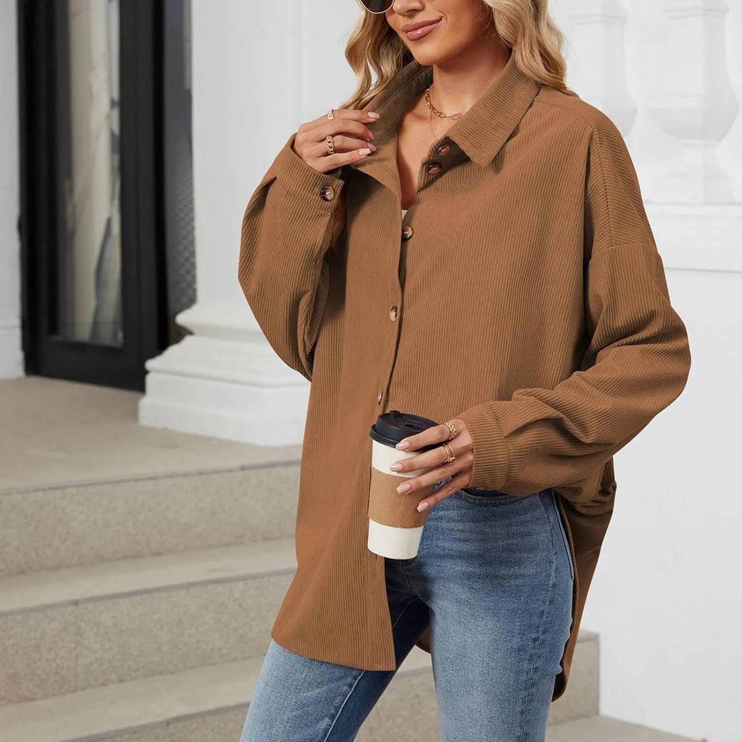 Womens 2024 Lapel Long Sleeve Solid Color Shacket Jacket Button Down Fall Shirt Coat Comfy Cute Jackets Fall Winter