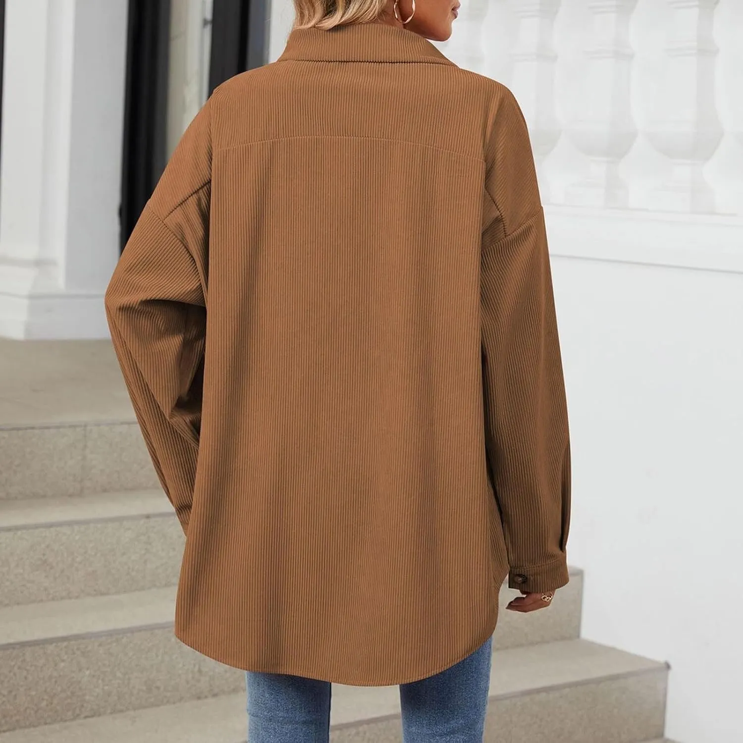 Womens 2024 Lapel Long Sleeve Solid Color Shacket Jacket Button Down Fall Shirt Coat Comfy Cute Jackets Fall Winter