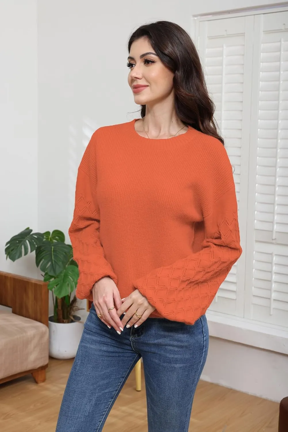 Women's 2024 Long Sleeve Pullover Sweater Top, Solid Cable Knit Chunky Oversized  Fashionable & Cozy Winter Outfits
