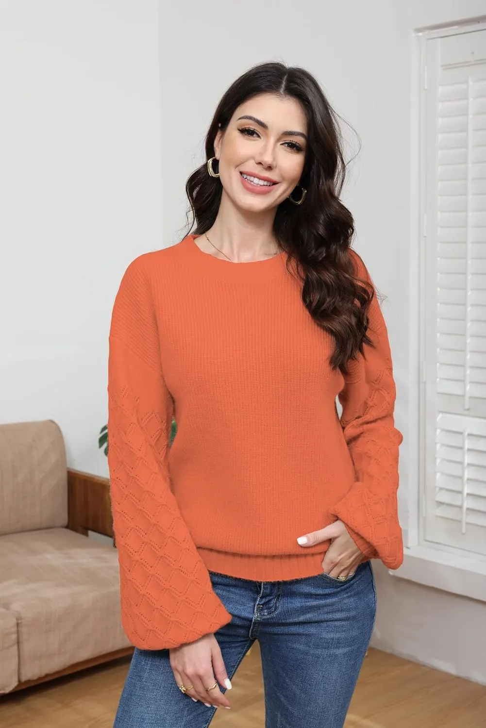 Women's 2024 Long Sleeve Pullover Sweater Top, Solid Cable Knit Chunky Oversized  Fashionable & Cozy Winter Outfits