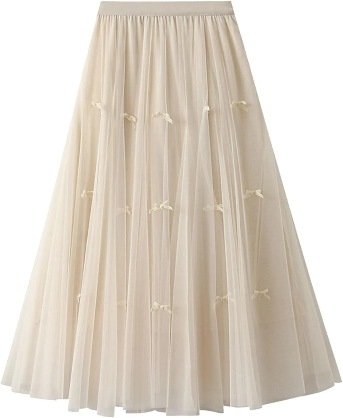 Women's A-Line Bow Elastic Waist Midi Skirt Fairy Flowy Tulle Pleated Tiered Party Long Skirts