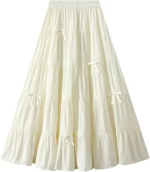 Women's A-Line Bow Elastic Waist Midi Skirt Fairy Flowy Tulle Pleated Tiered Party Long Skirts