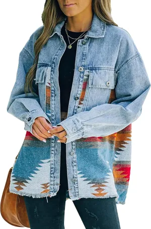 Women’s Aztec Shacket Jacket Lapel Long Sleeve Retro Jean Coat Oversized Western Denim Jacket