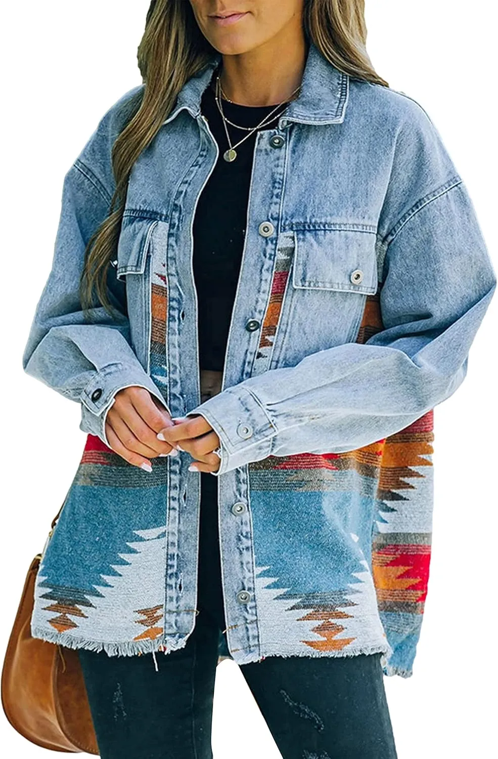 Women’s Aztec Shacket Jacket Lapel Long Sleeve Retro Jean Coat Oversized Western Denim Jacket