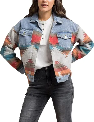 Women’s Aztec Shacket Jacket Lapel Long Sleeve Retro Jean Coat Oversized Western Denim Jacket