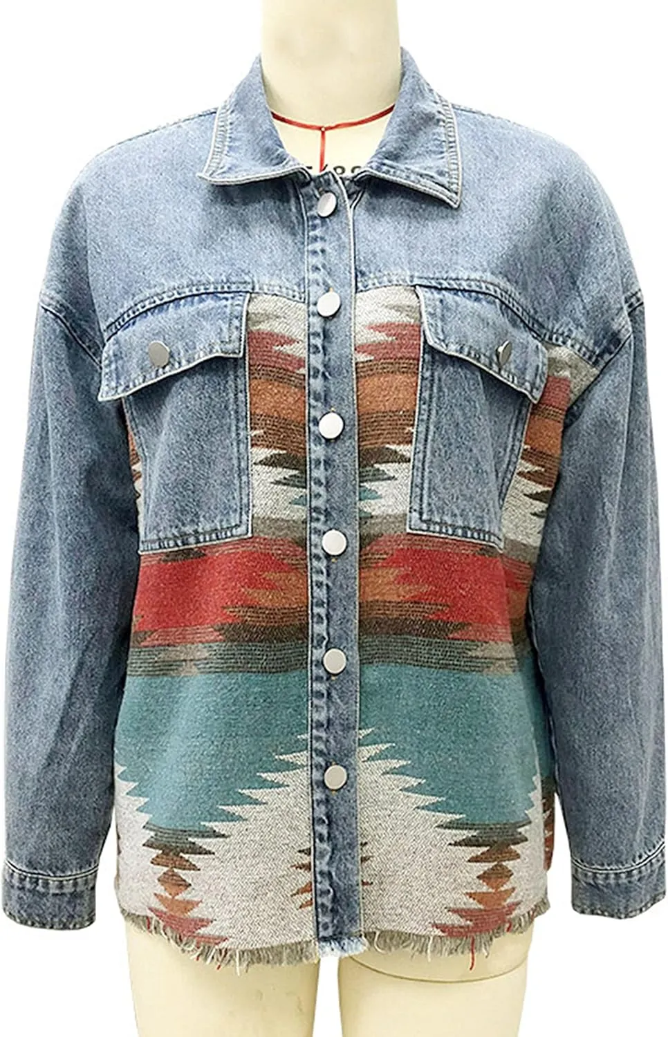 Women’s Aztec Shacket Jacket Lapel Long Sleeve Retro Jean Coat Oversized Western Denim Jacket