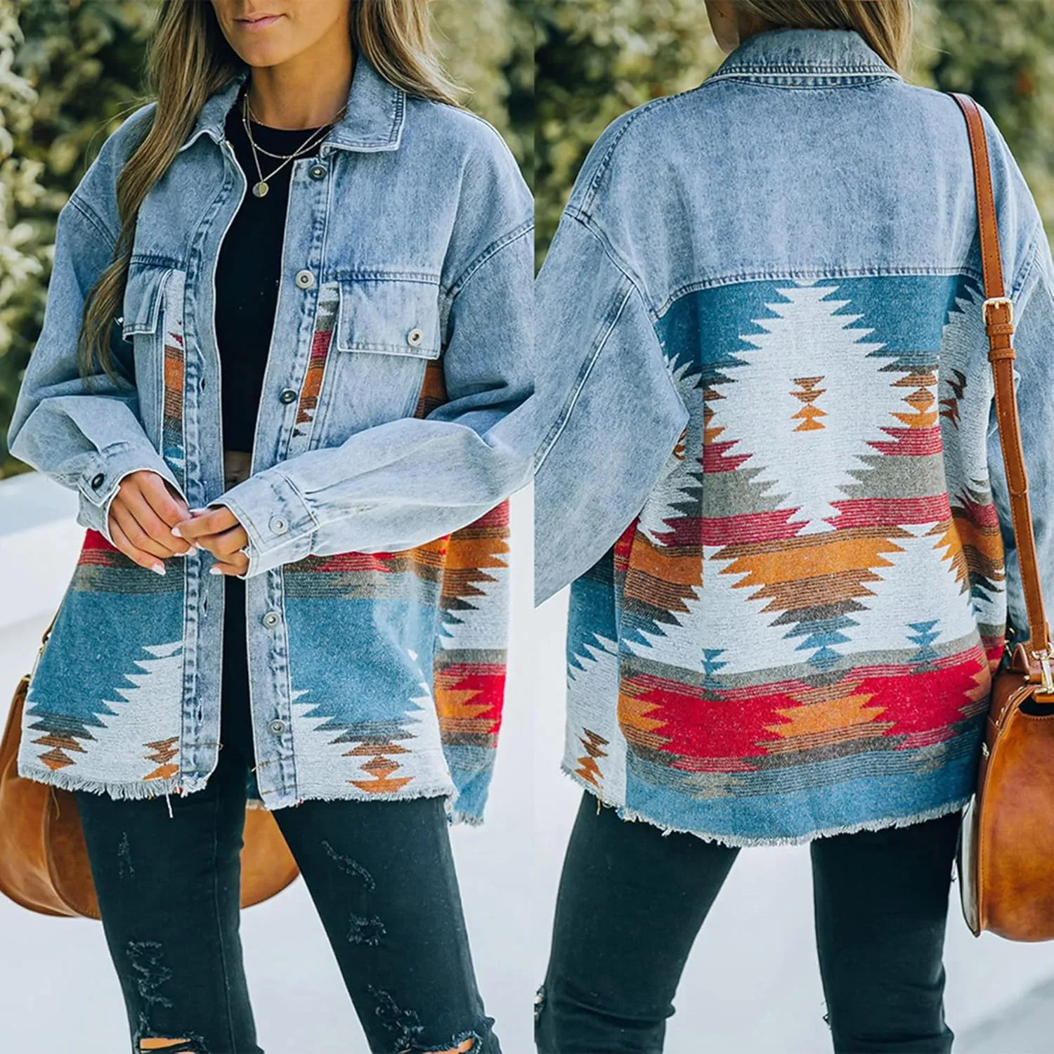 Women’s Aztec Shacket Jacket Lapel Long Sleeve Retro Jean Coat Oversized Western Denim Jacket