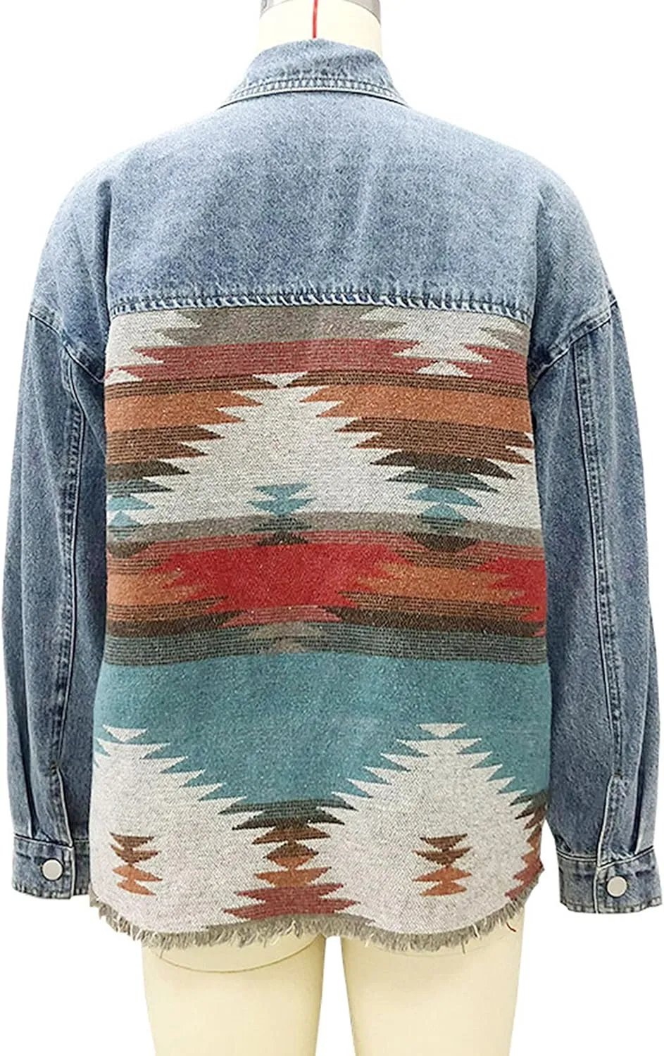 Women’s Aztec Shacket Jacket Lapel Long Sleeve Retro Jean Coat Oversized Western Denim Jacket