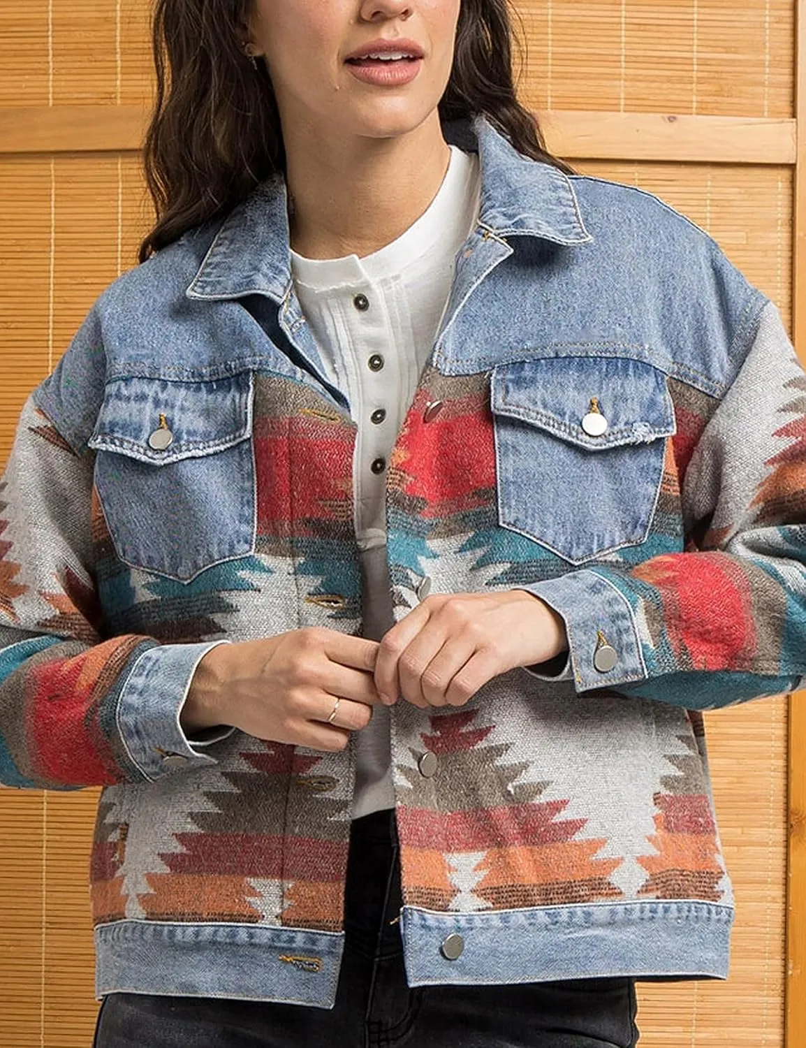 Women’s Aztec Shacket Jacket Lapel Long Sleeve Retro Jean Coat Oversized Western Denim Jacket