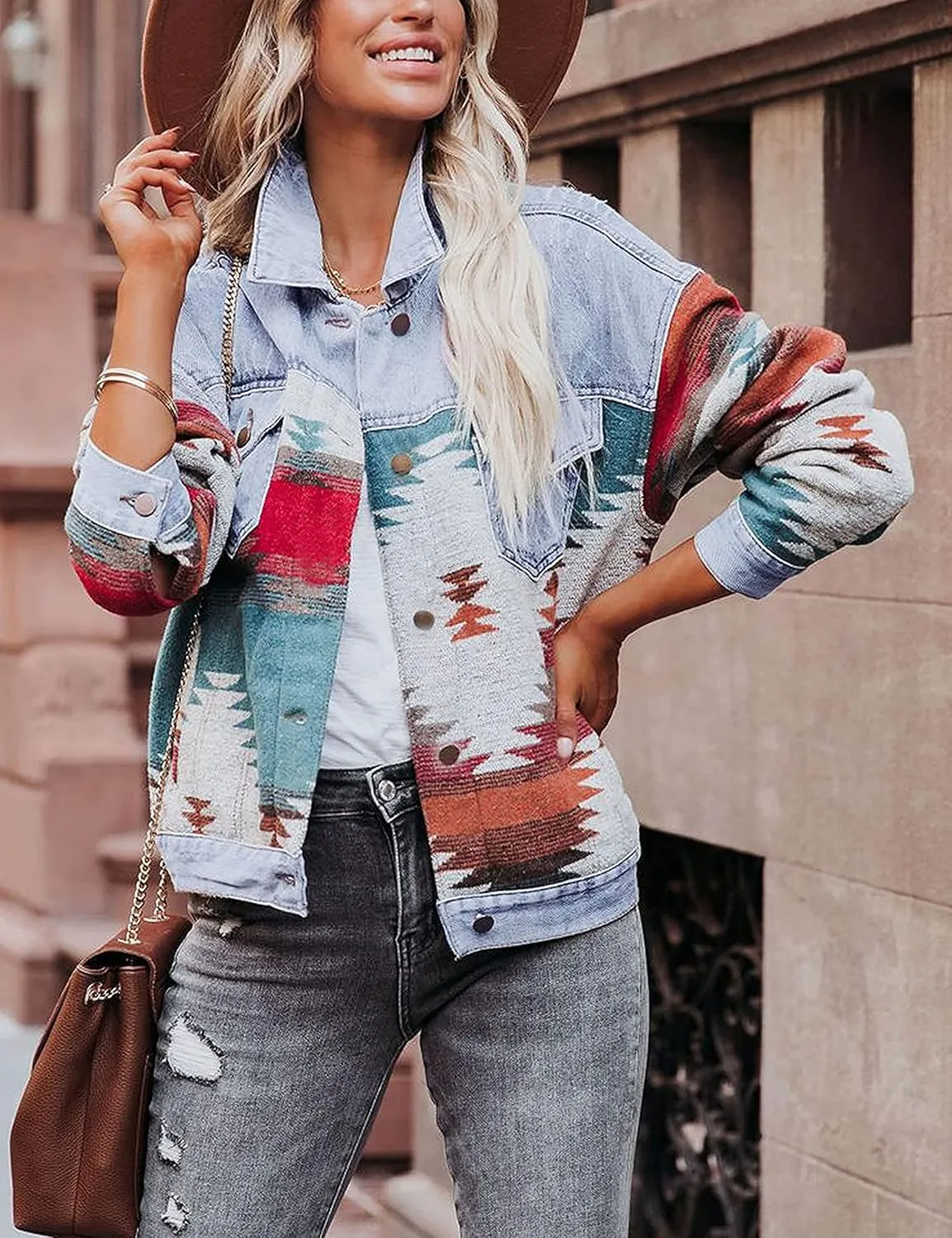 Women’s Aztec Shacket Jacket Lapel Long Sleeve Retro Jean Coat Oversized Western Denim Jacket