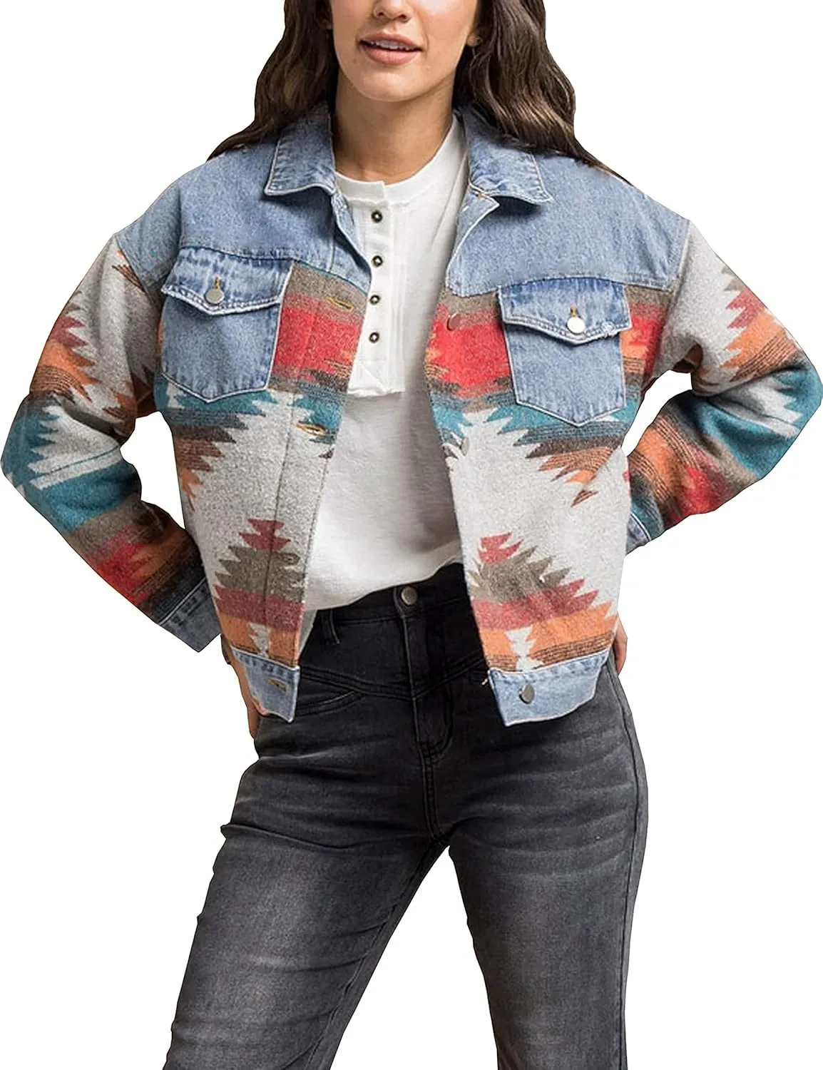 Women’s Aztec Shacket Jacket Lapel Long Sleeve Retro Jean Coat Oversized Western Denim Jacket