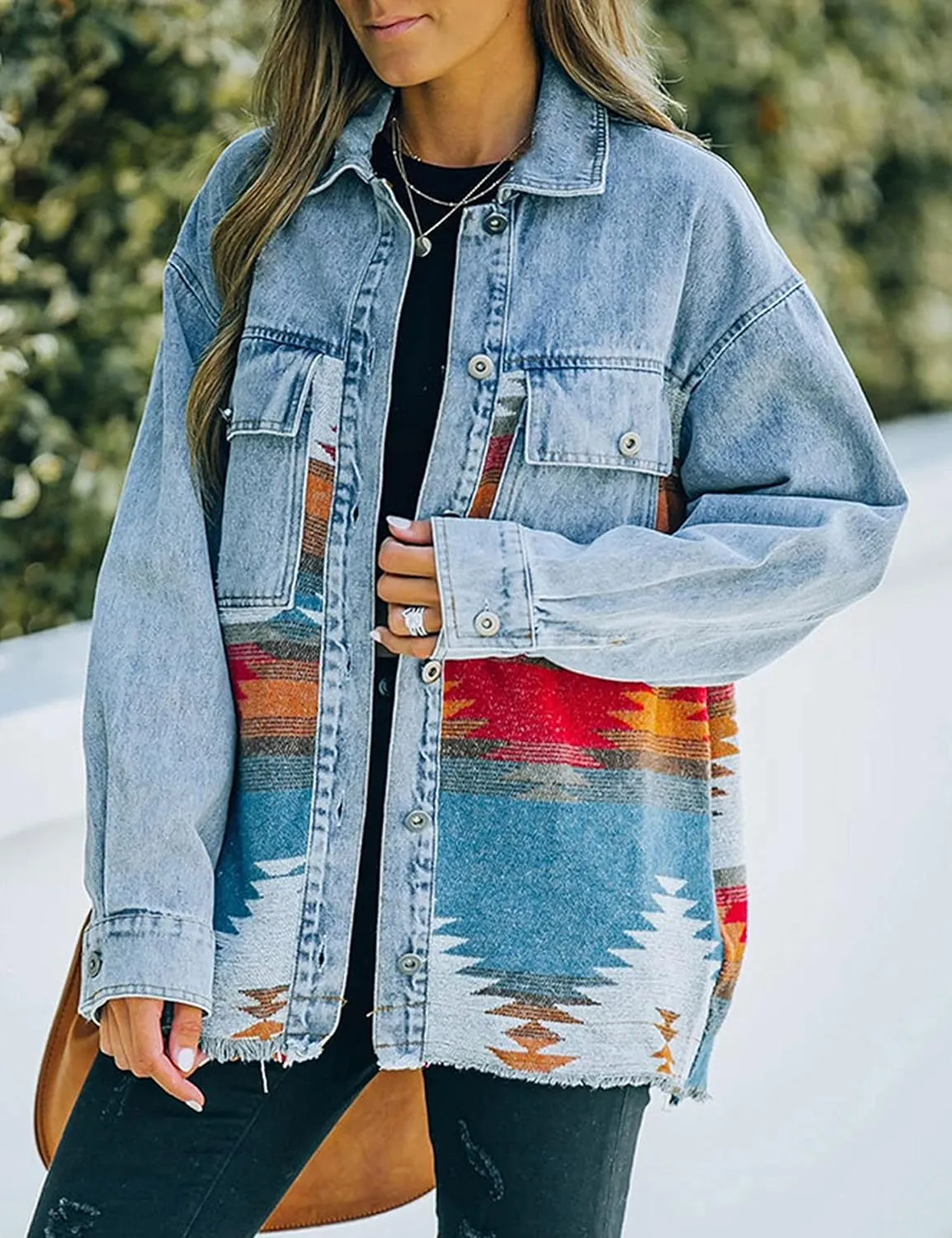 Women’s Aztec Shacket Jacket Lapel Long Sleeve Retro Jean Coat Oversized Western Denim Jacket