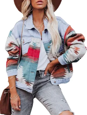 Women’s Aztec Shacket Jacket Lapel Long Sleeve Retro Jean Coat Oversized Western Denim Jacket