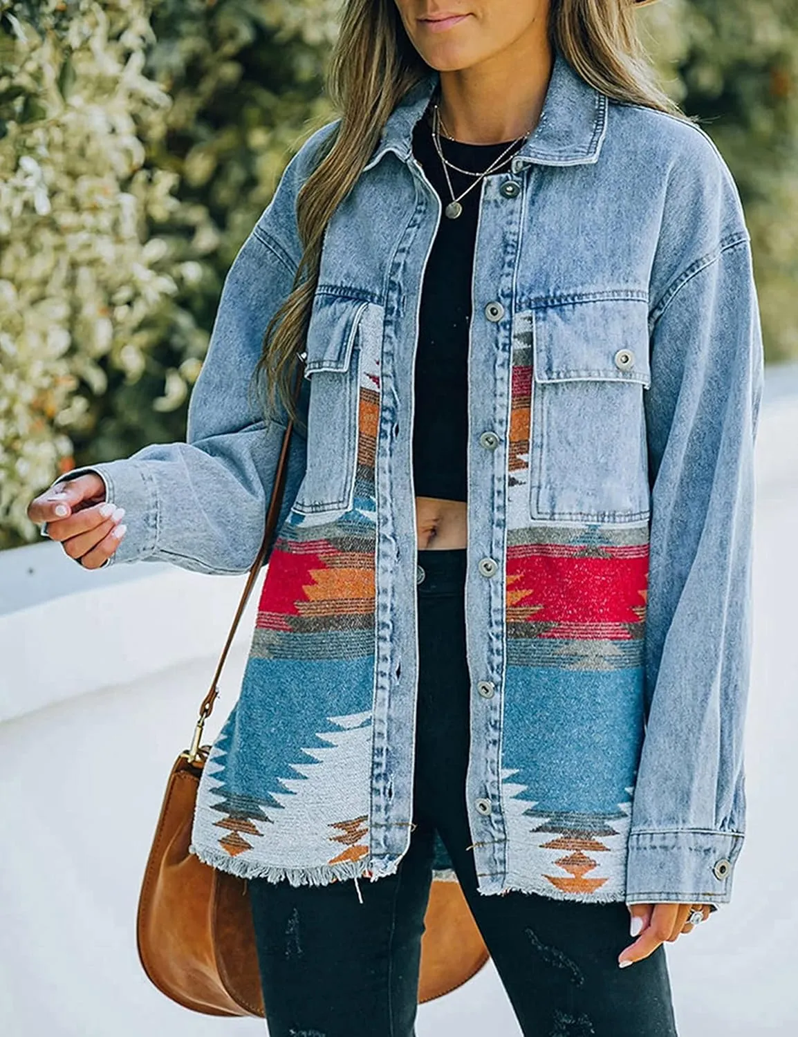 Women’s Aztec Shacket Jacket Lapel Long Sleeve Retro Jean Coat Oversized Western Denim Jacket