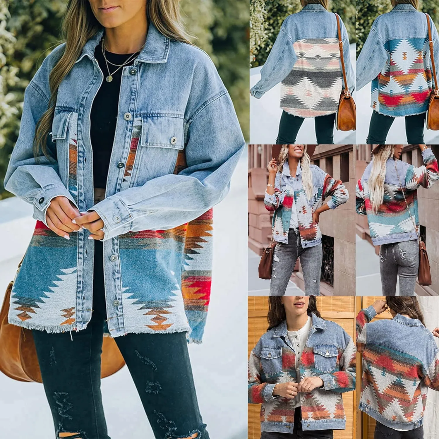 Women’s Aztec Shacket Jacket Lapel Long Sleeve Retro Jean Coat Oversized Western Denim Jacket