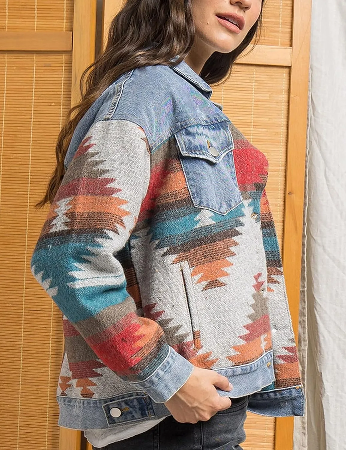 Women’s Aztec Shacket Jacket Lapel Long Sleeve Retro Jean Coat Oversized Western Denim Jacket