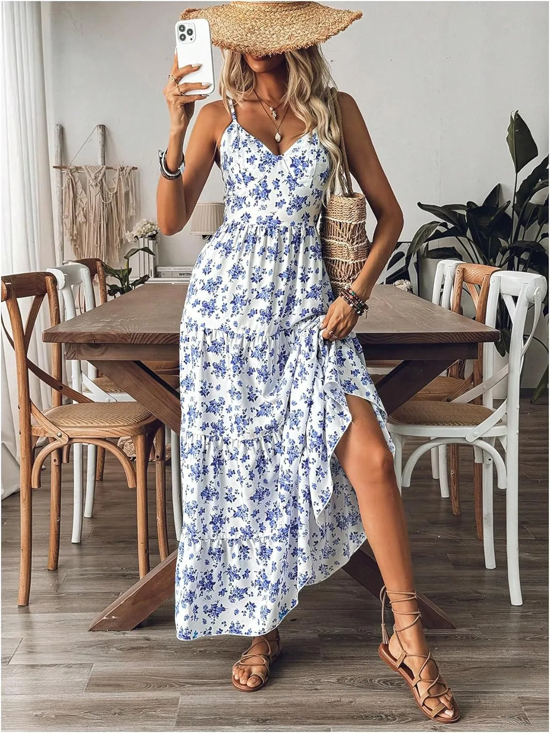 Women's Boho Floral Bowknot Back Ruffle Layered Dress V Neck Sleeveless Vacation Flowy Maxi Dresses