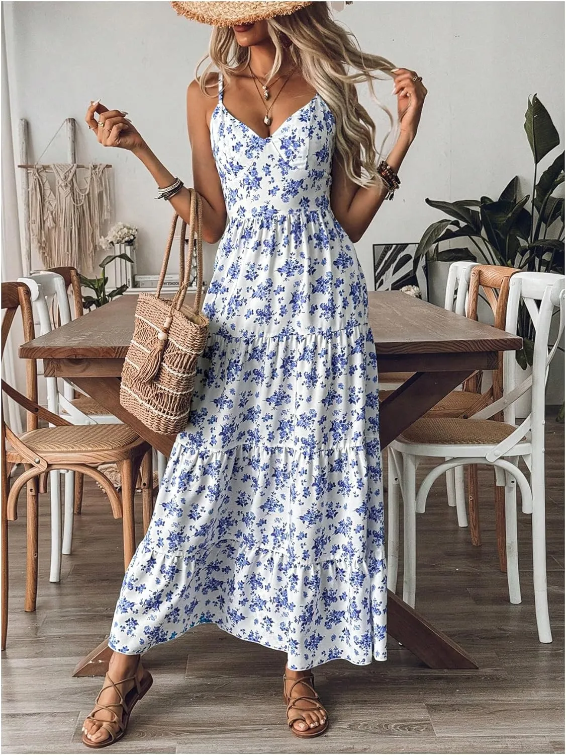 Women's Boho Floral Bowknot Back Ruffle Layered Dress V Neck Sleeveless Vacation Flowy Maxi Dresses