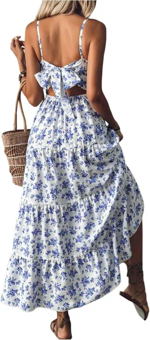 Women's Boho Floral Bowknot Back Ruffle Layered Dress V Neck Sleeveless Vacation Flowy Maxi Dresses