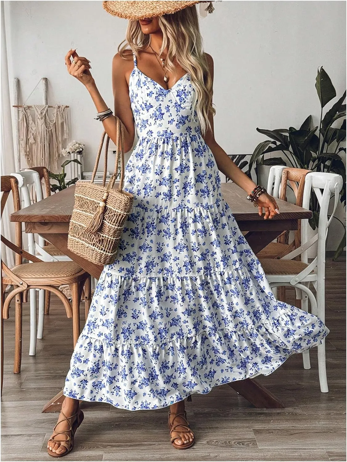 Women's Boho Floral Bowknot Back Ruffle Layered Dress V Neck Sleeveless Vacation Flowy Maxi Dresses