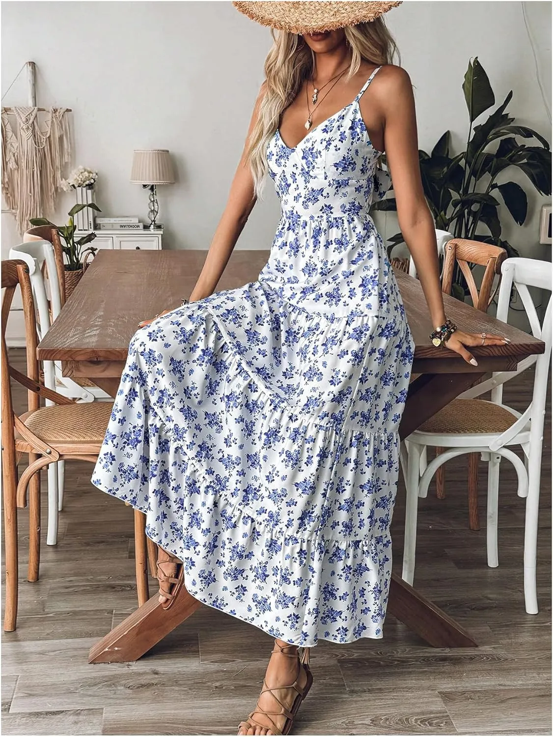 Women's Boho Floral Bowknot Back Ruffle Layered Dress V Neck Sleeveless Vacation Flowy Maxi Dresses
