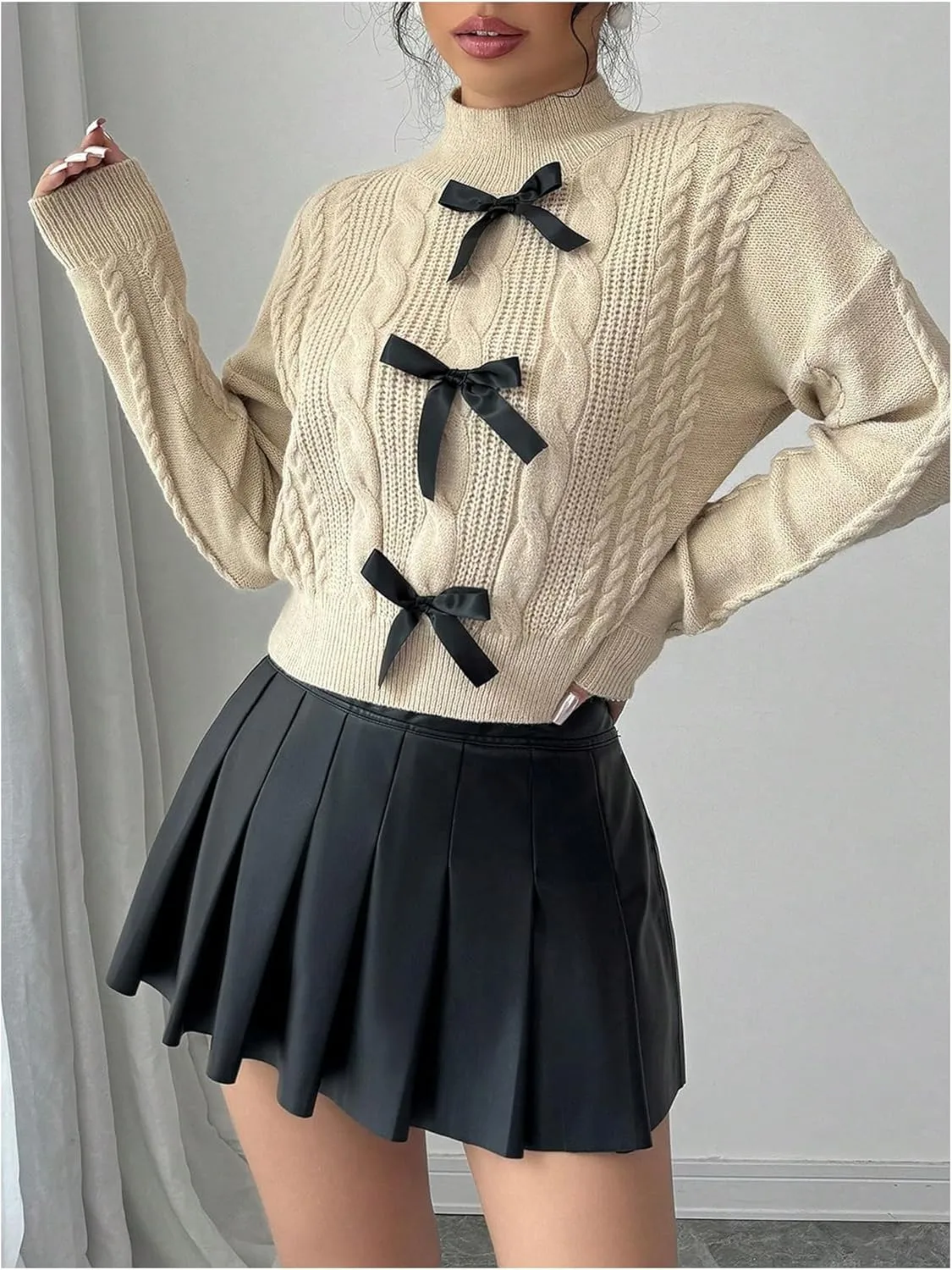 Women's Bowknot Cable Knit Sweater Drop Shoulder Mock Neck Long Sleeve Cute Knitwear