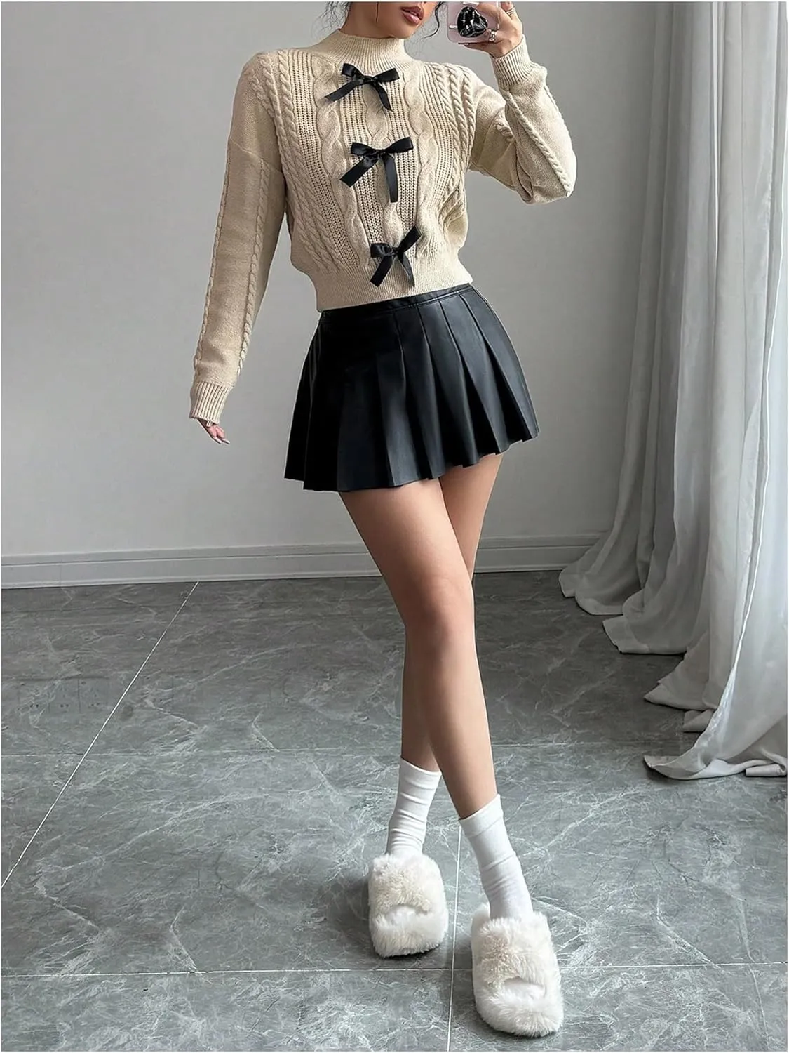 Women's Bowknot Cable Knit Sweater Drop Shoulder Mock Neck Long Sleeve Cute Knitwear