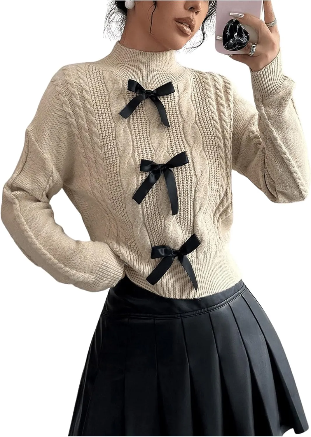 Women's Bowknot Cable Knit Sweater Drop Shoulder Mock Neck Long Sleeve Cute Knitwear