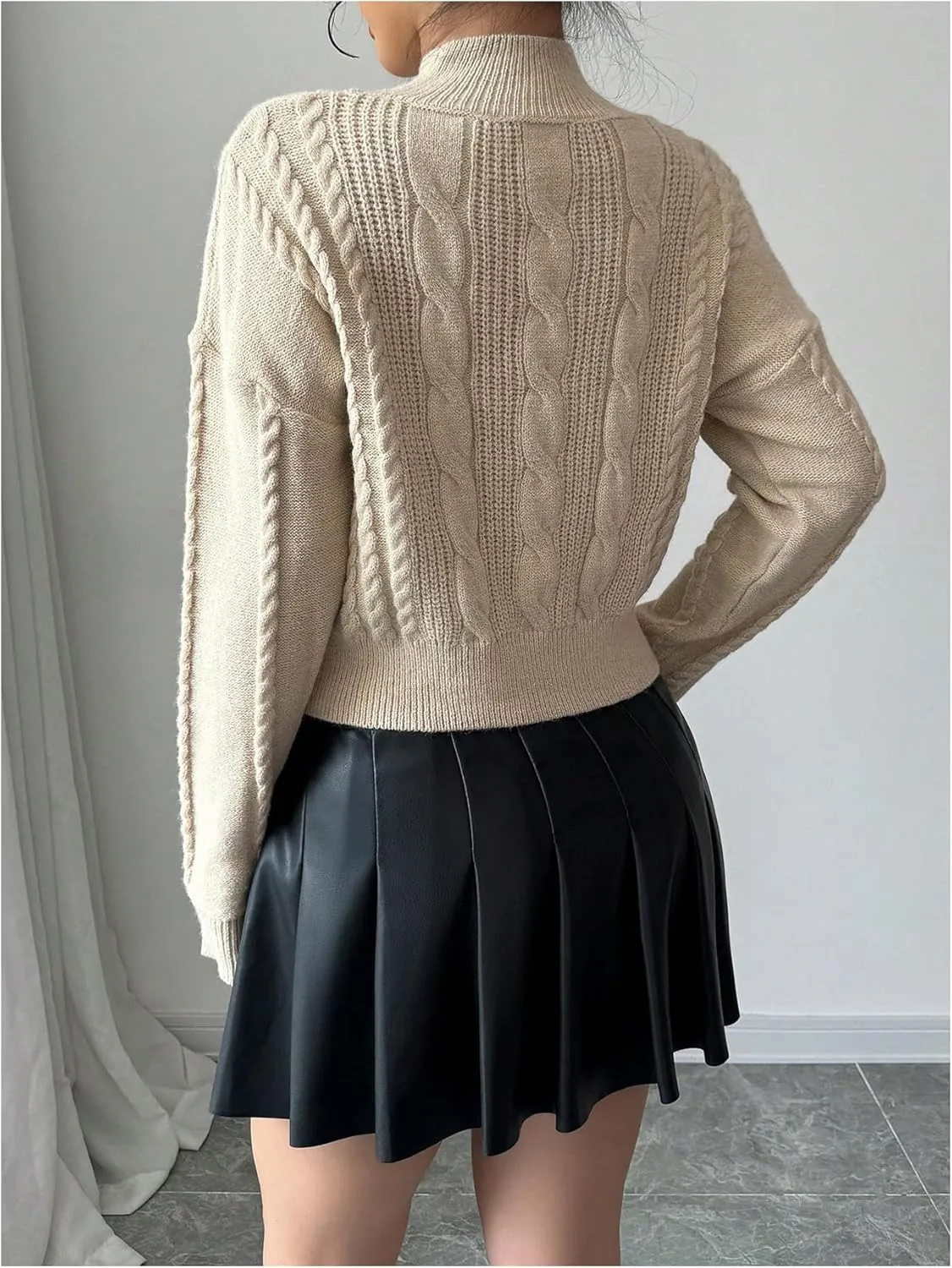 Women's Bowknot Cable Knit Sweater Drop Shoulder Mock Neck Long Sleeve Cute Knitwear