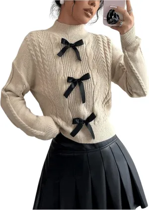 Women's Bowknot Cable Knit Sweater Drop Shoulder Mock Neck Long Sleeve Cute Knitwear