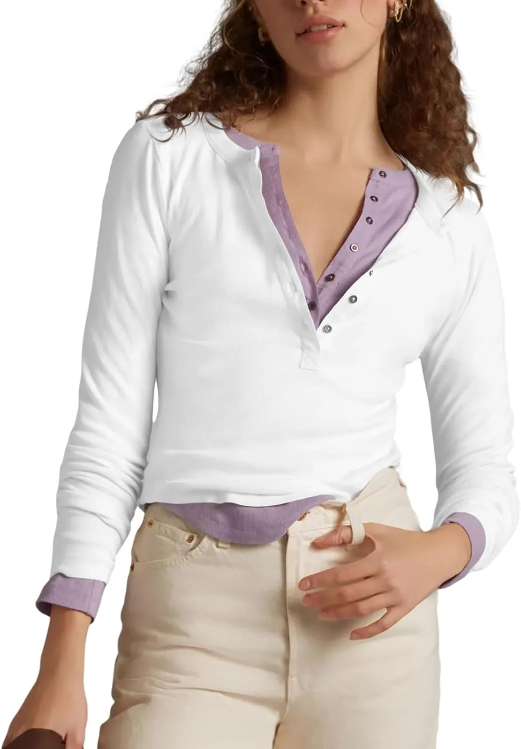 Womens Button Down Henley Shirts Ribbed Deep V Neck Long Sleeve Tops Casual Knit Blouses Tshirts