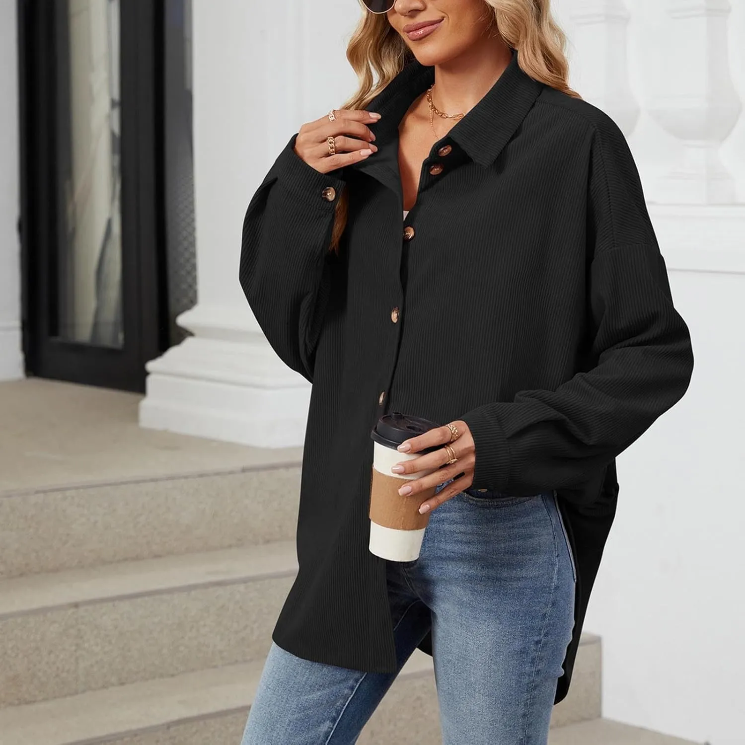 Womens Button Down Shirts Casual Long Sleeve Shacket Jacket Loose Fit Blouses Tops Corduroy Fall Daily Clothes 2024