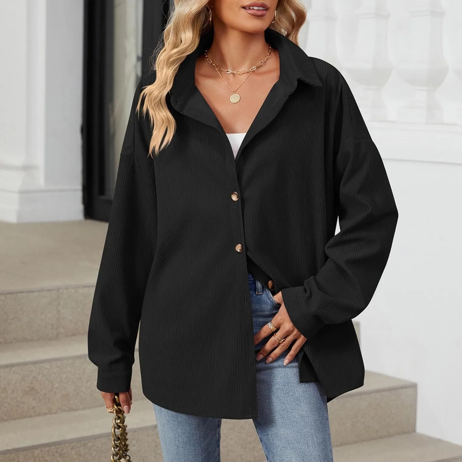 Womens Button Down Shirts Casual Long Sleeve Shacket Jacket Loose Fit Blouses Tops Corduroy Fall Daily Clothes 2024