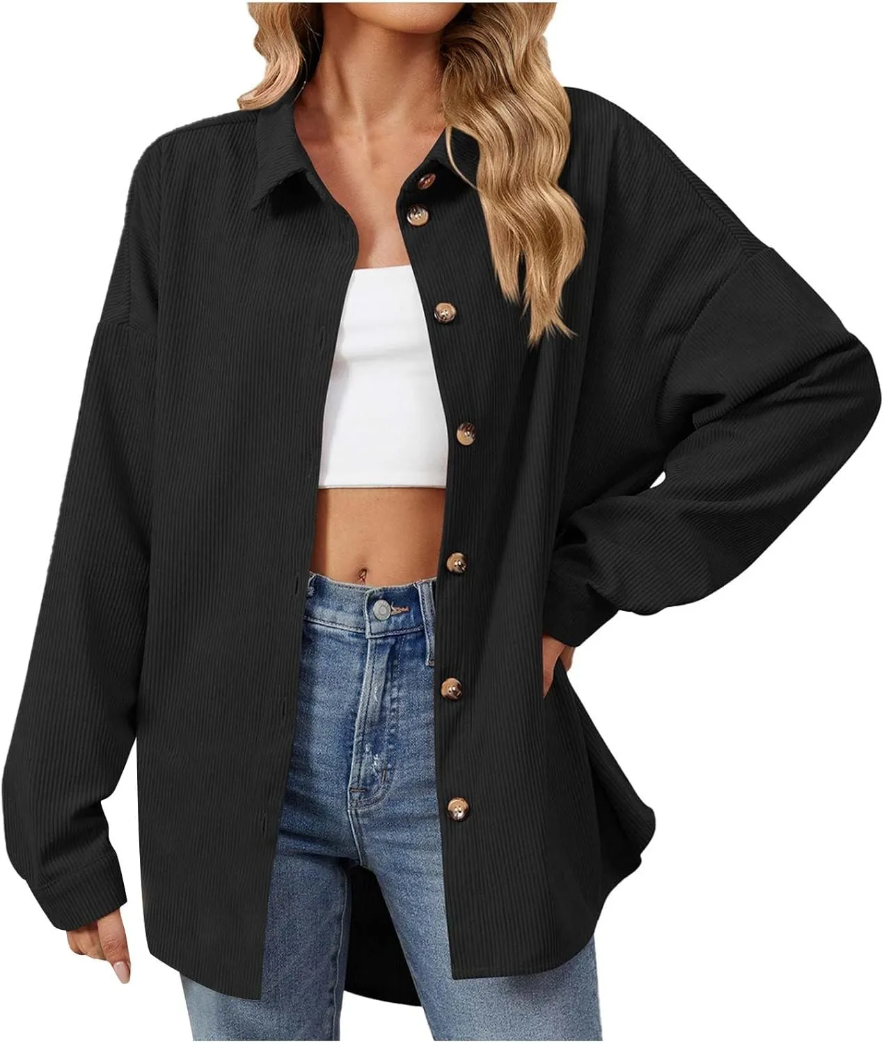Womens Button Down Shirts Casual Long Sleeve Shacket Jacket Loose Fit Blouses Tops Corduroy Fall Daily Clothes 2024