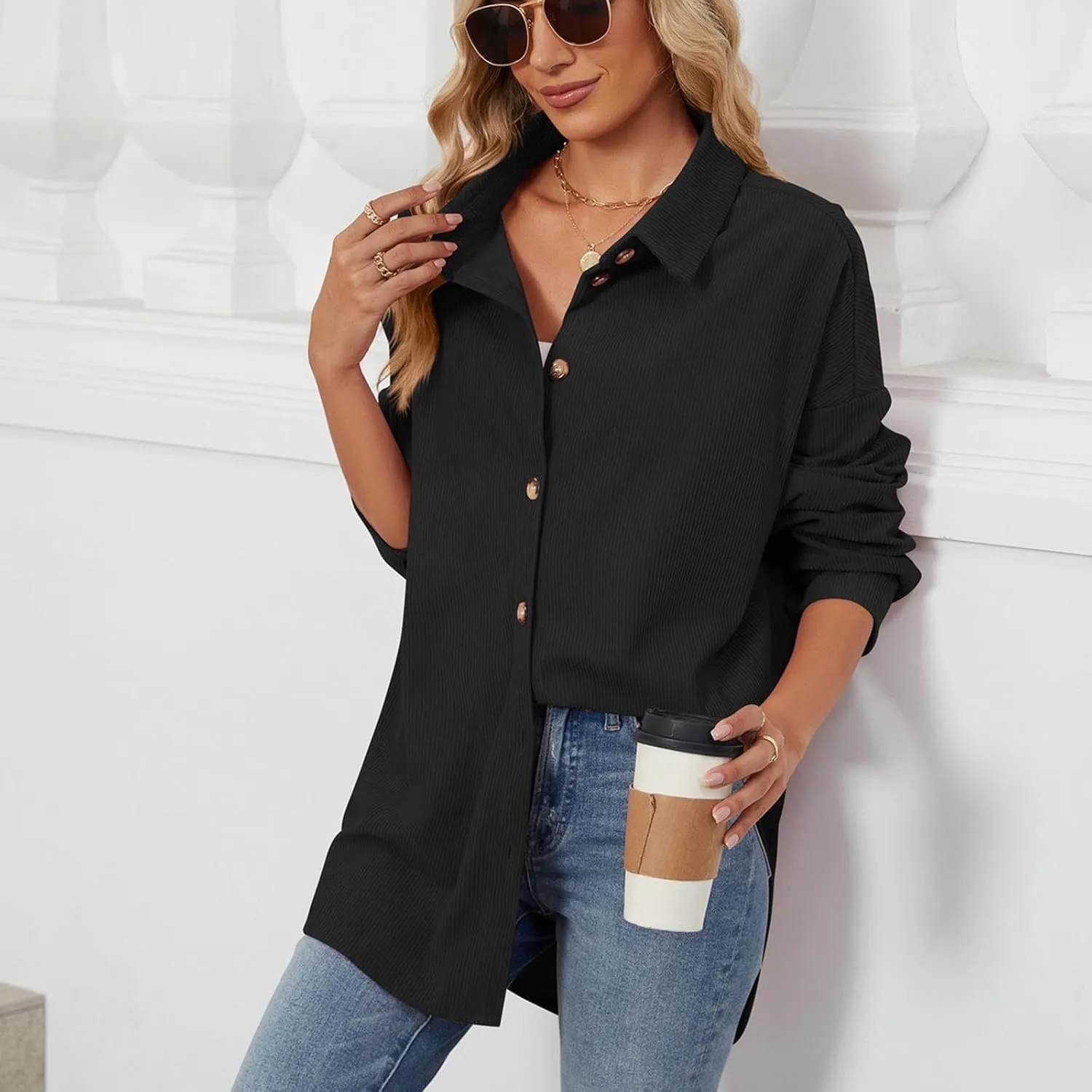 Womens Button Down Shirts Casual Long Sleeve Shacket Jacket Loose Fit Blouses Tops Corduroy Fall Daily Clothes 2024