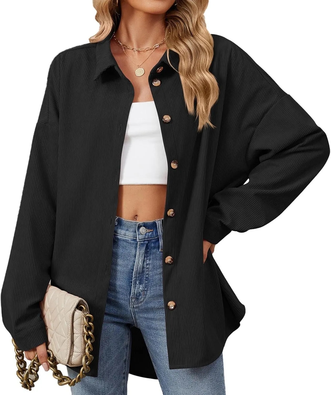Womens Button Down Shirts Casual Long Sleeve Shacket Jacket Loose Fit Blouses Tops Corduroy Fall Daily Clothes 2024
