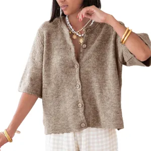 Womens Button Up Short Sleeve Cardigans Sweater Cropped Lightweight Round Neck Elegant Knit Tops with Pockets