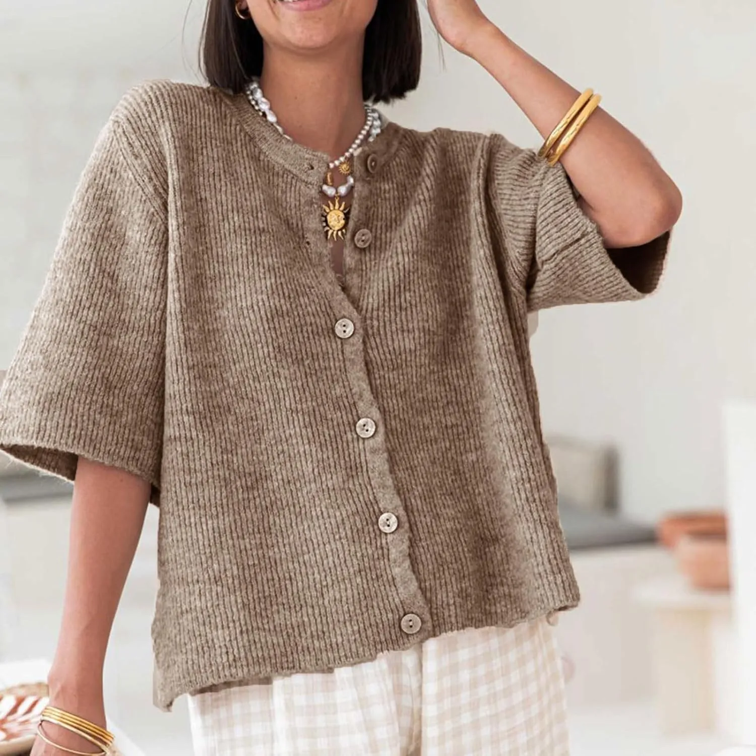 Womens Button Up Short Sleeve Cardigans Sweater Cropped Lightweight Round Neck Elegant Knit Tops with Pockets