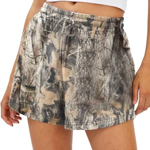 Womens Camo Sweat Shorts Maple Leaf Print Drawstring Elastic High Waist Lounge Camouflage Workout Shorts with Pockets